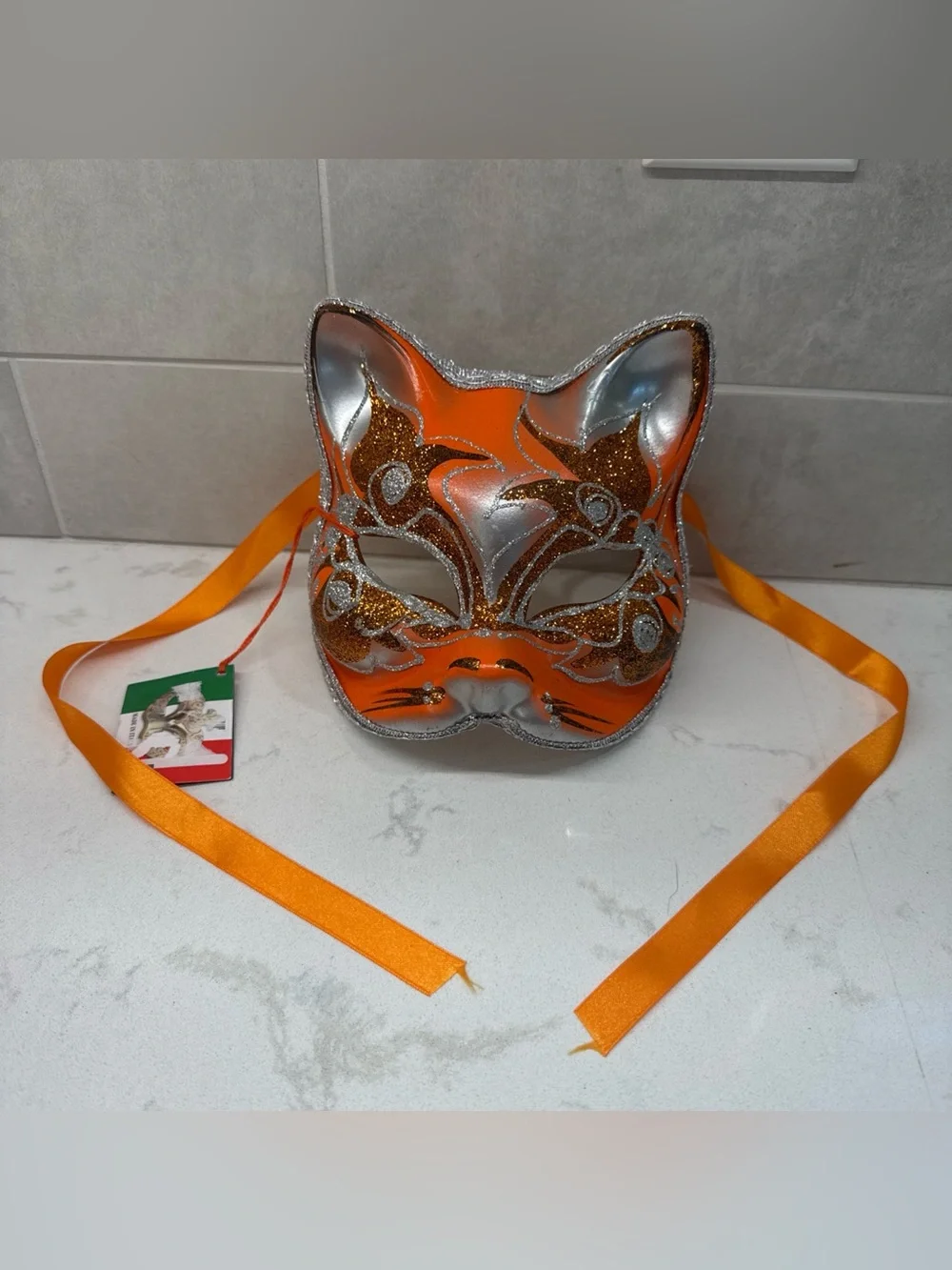 NWT Orange and Silver Glitter Cat Masquerade Mask handmade in Italy